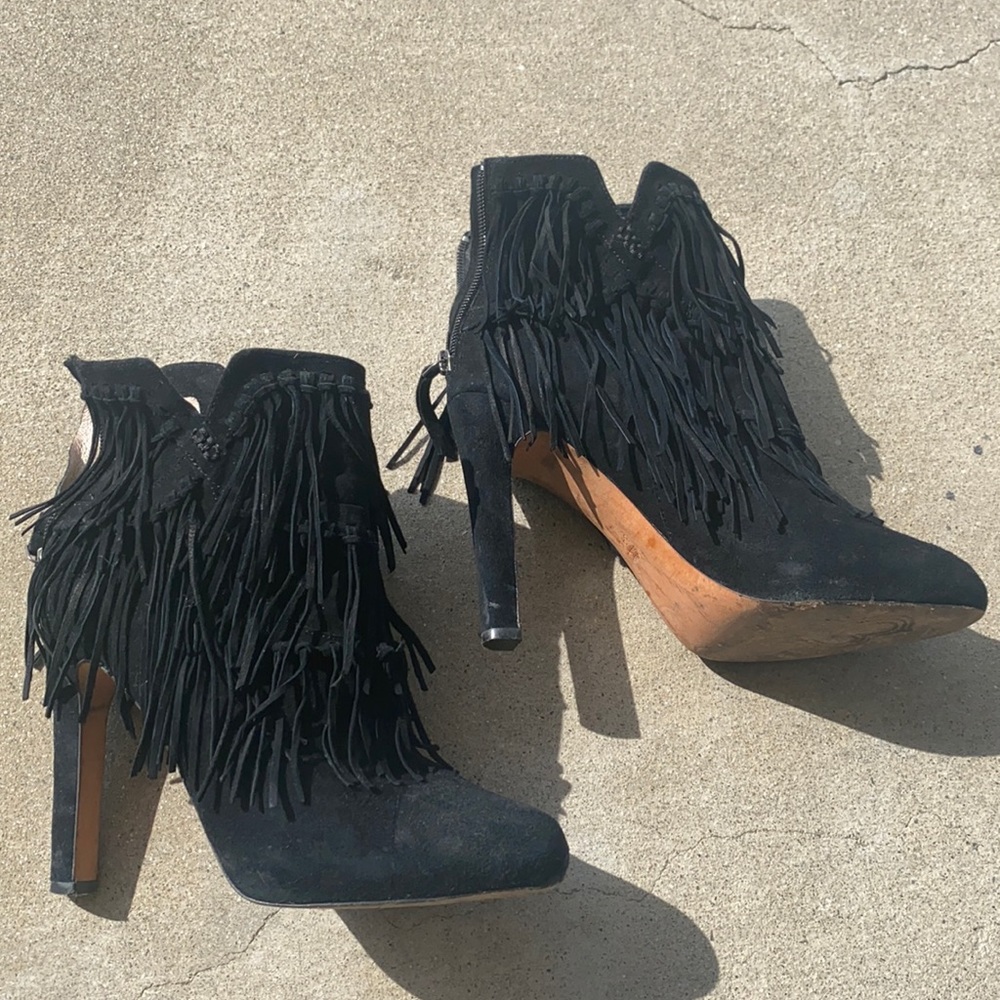 Black fringe suede heeled booties